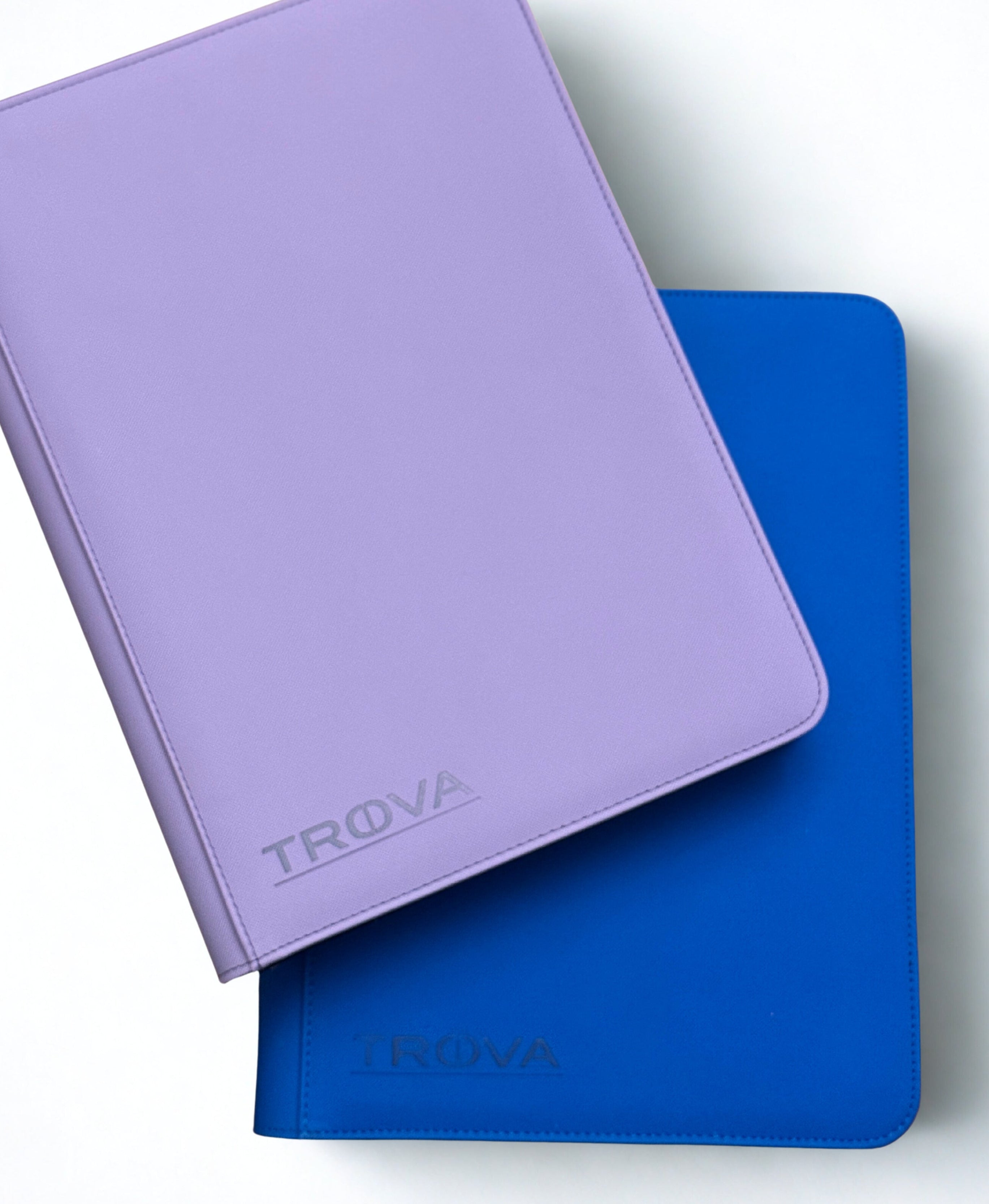 Two TCG side loading card binders, one purple and one blue, with 'TROVA' branding on a white background.