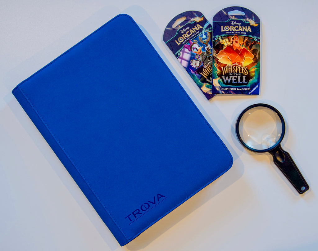 cobolt blue trading card binder with lorcana cards on white background