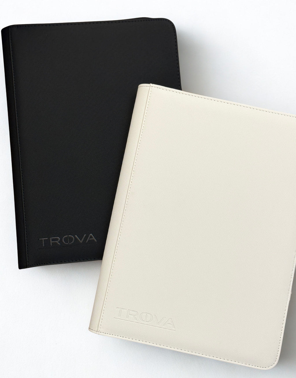 Black and white 9 card side loading TCG Card binder with 'TROVA' branding on a white background
